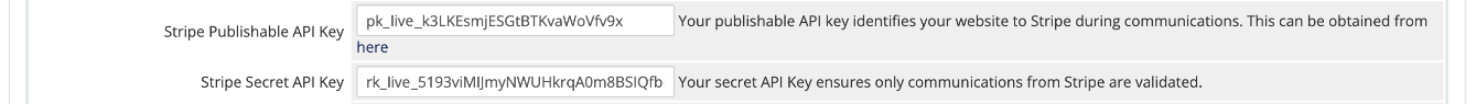 Publishable and restricted keys in a Stripe configuration.