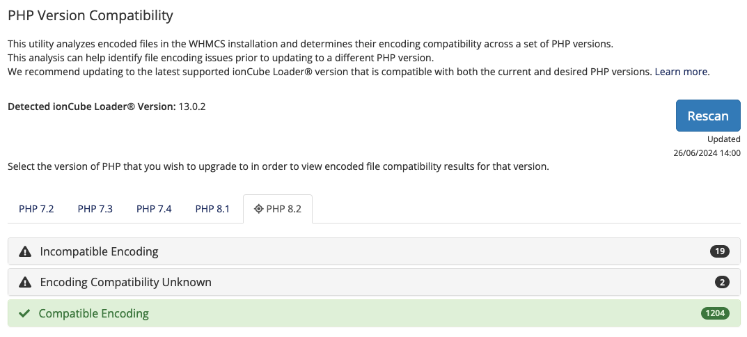 The PHP 8.2 tab in PHP Version Compatibility.