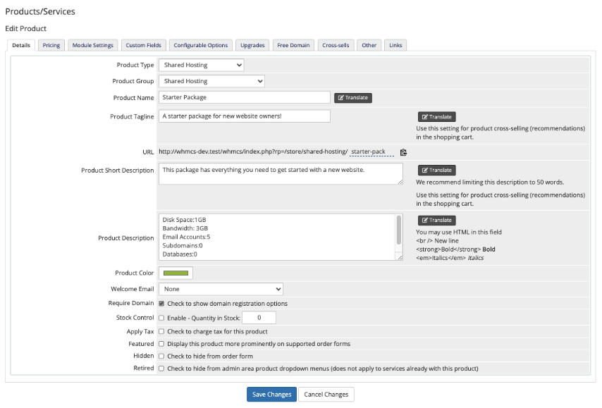 Editing a product with Dynamic Field Translations enabled in Products/Services