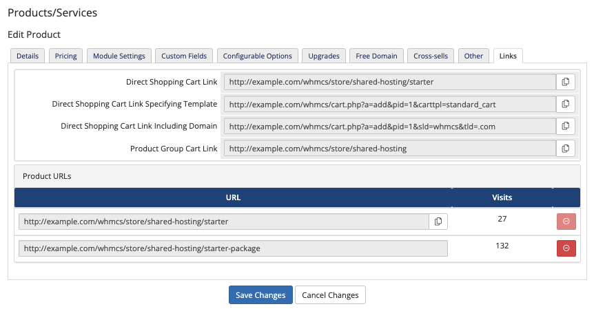 The Links tab for a product