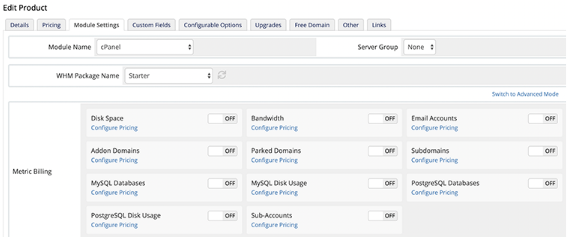 Metric Billing in the Module Settings tab