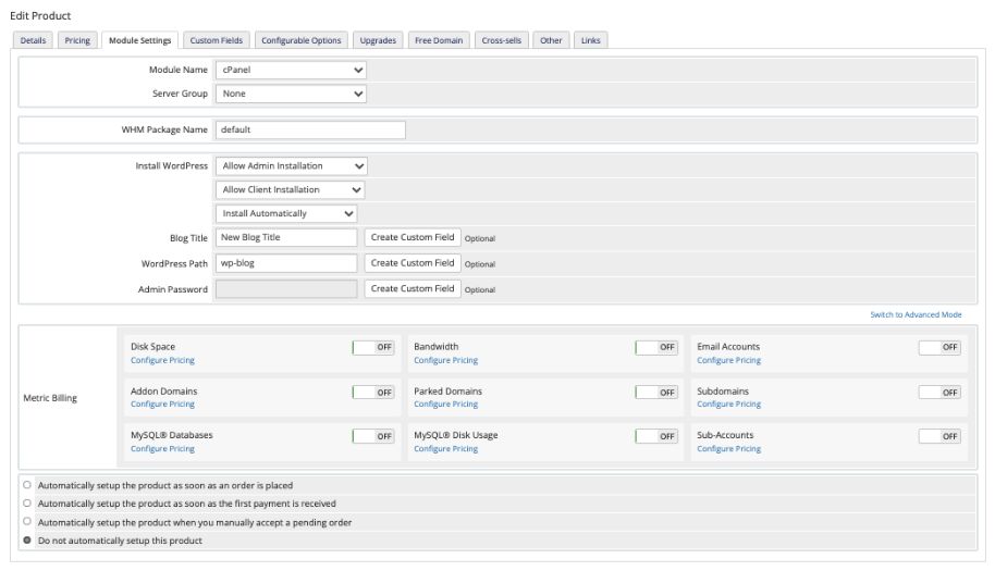 Creating a product using a WHM package