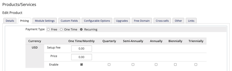 Recurring pricing settings.