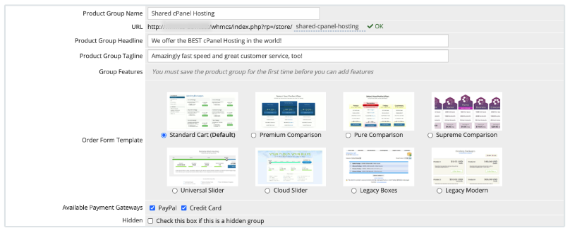 Configuring a product group in Products/Services