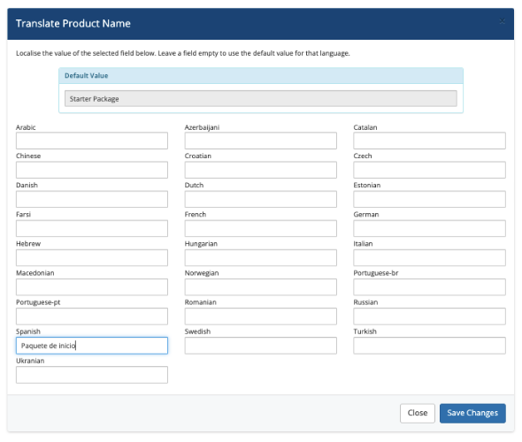 Translating a product name in Products/Services