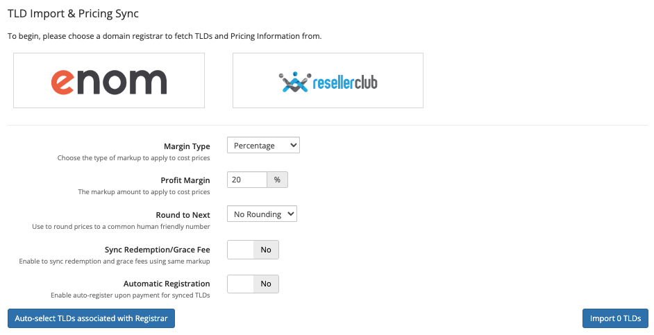 Import options for Registrar TLD Sync