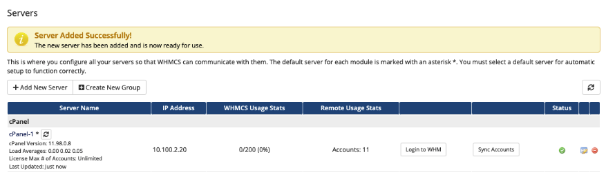 Successfully adding a cPanel server