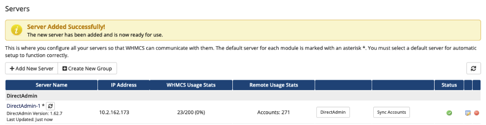 Successfully adding a DirectAdmin server