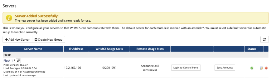 Successfully adding a Plesk server