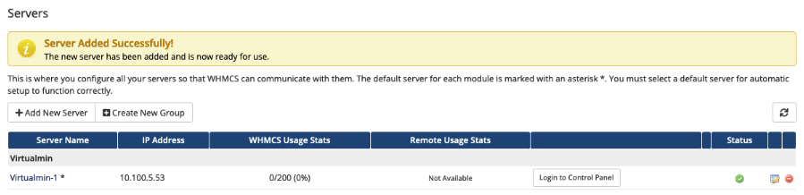 Successfully adding a Virtualmin server