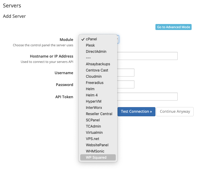 Entering information for a WP Squared server