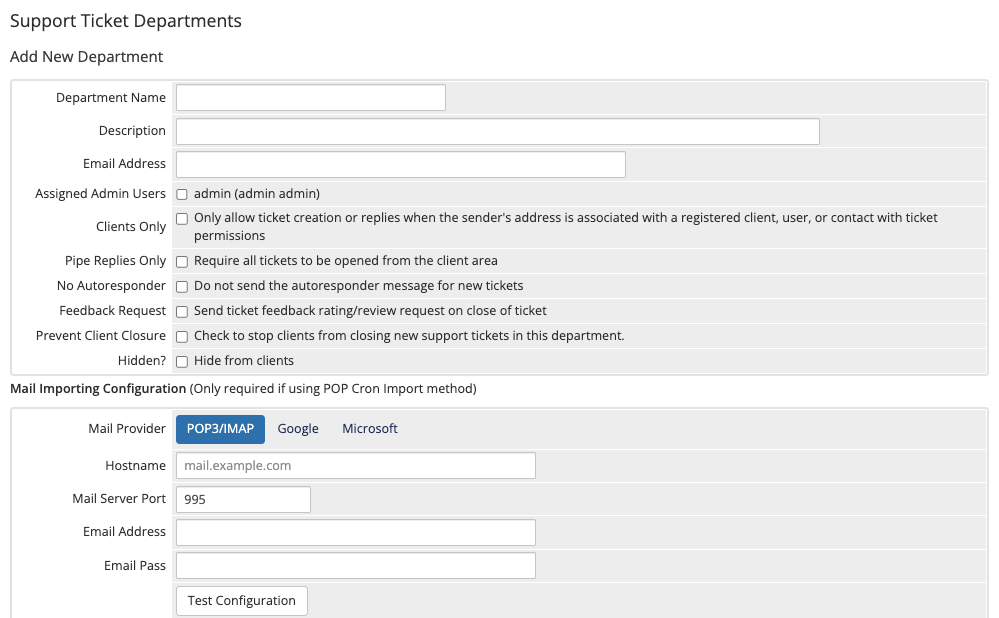 Adding a support department in the Admin Area.