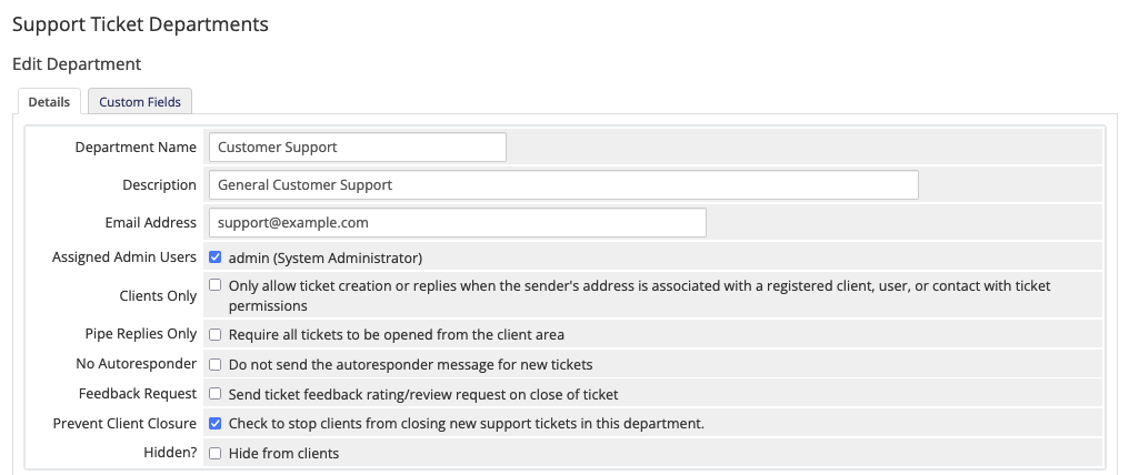 Enabling the Prevent Client Closure option while editing a support department.