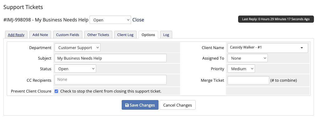 The Prevent Client Closure option for an individual support ticket in the Admin Area.