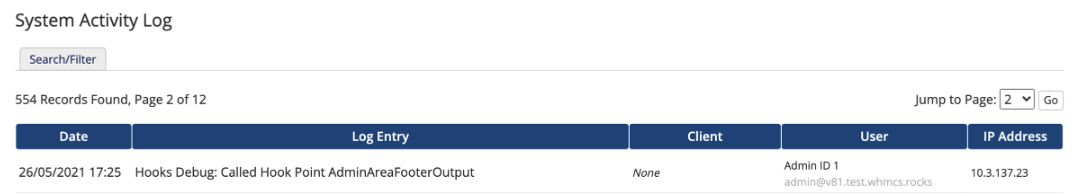 Hook debugging entries in the System Logs