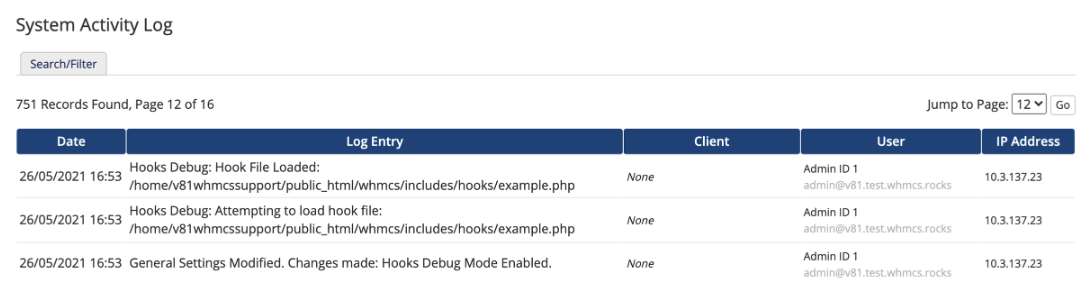 Hook debugging entries in the System Logs