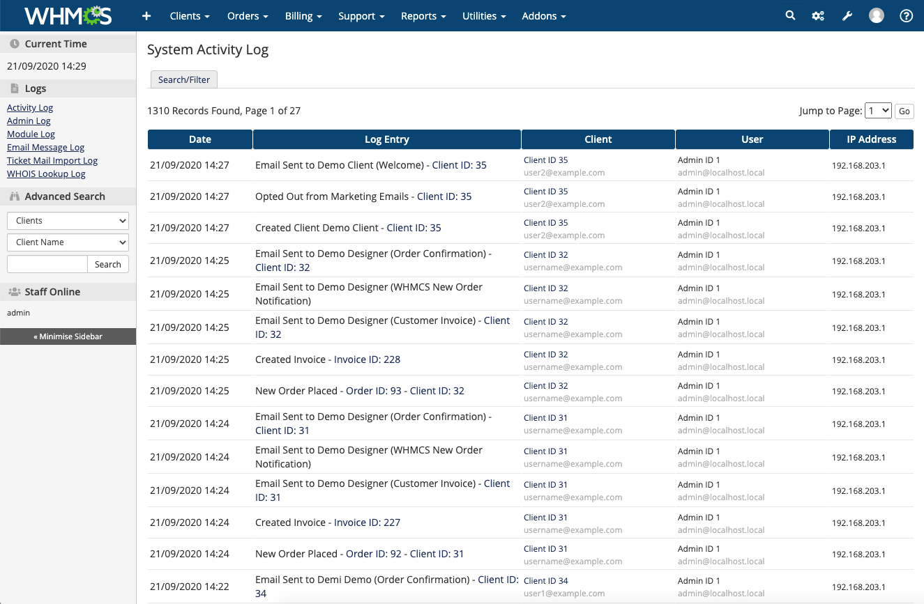 Log entries in the System Activity Log