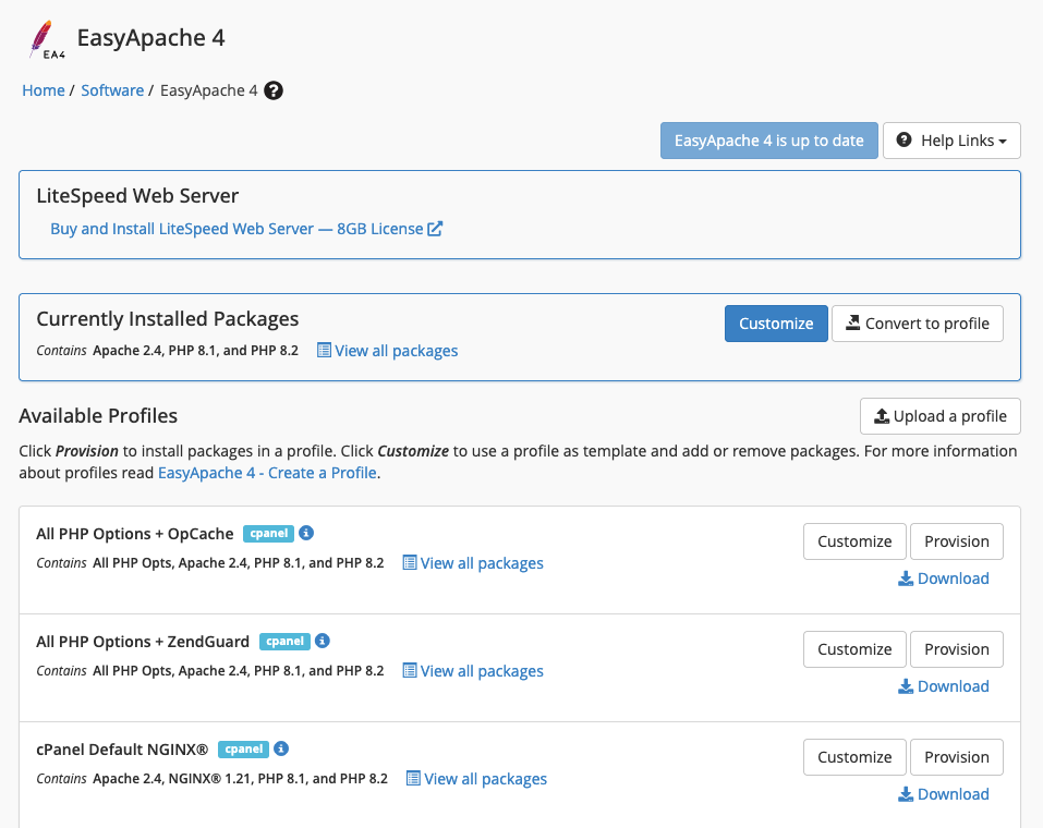 The EasyApache 4 interface in WHM.