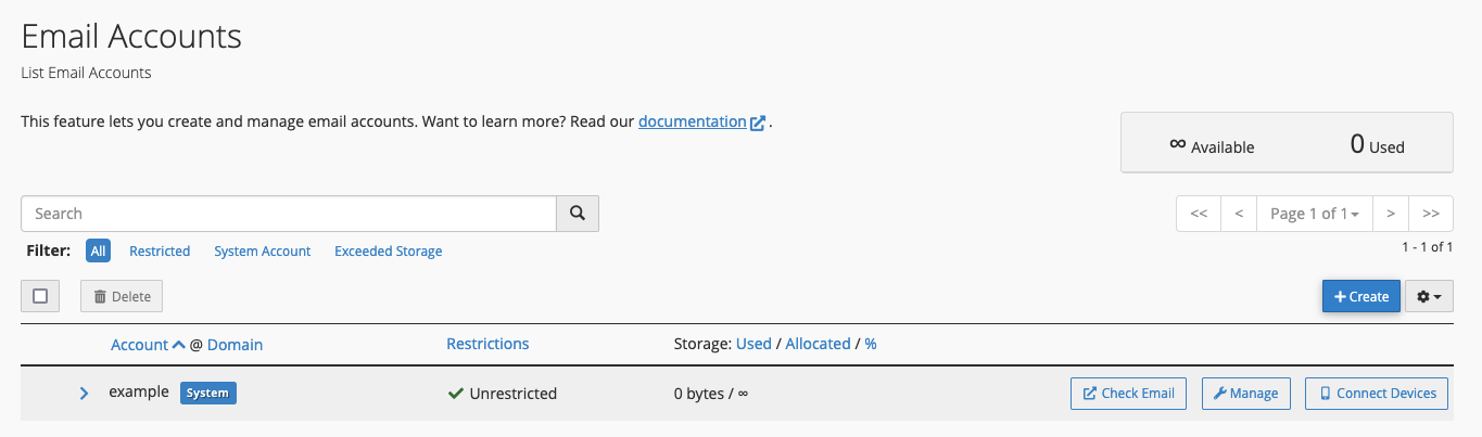 The Email Accounts interface in cPanel.