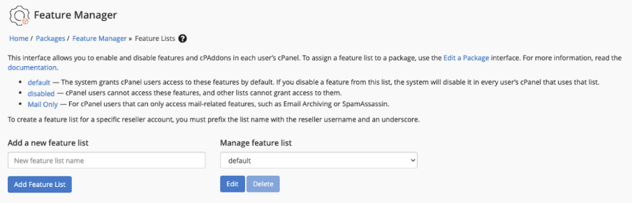 The Feature Manager interface in WHM