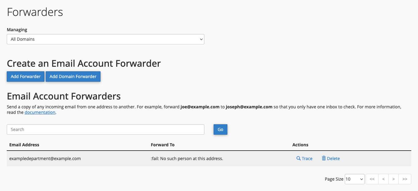 The Forwarders interface in cPanel.