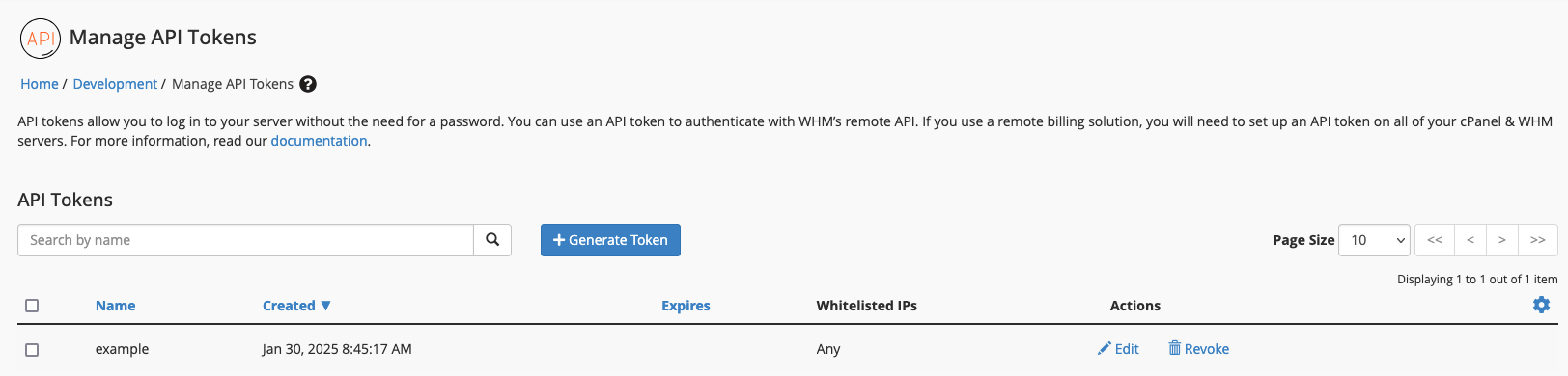 The Manage API Tokens interface in WHM.