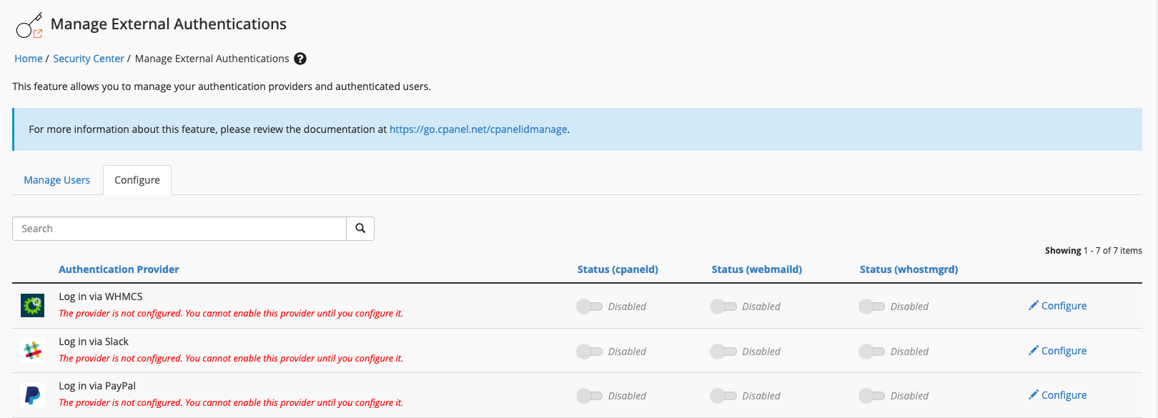 The Manage External Authentications interface in WHM.