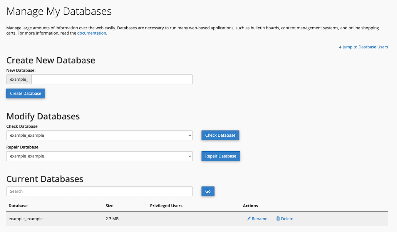 The Manage My Databases interface in cPanel.