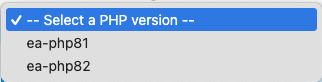 The Select a PHP version menu.