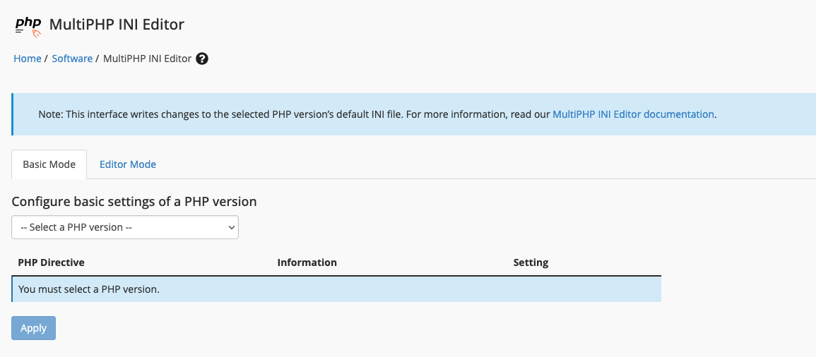 The MultiPHP INI Editor interface in WHM.