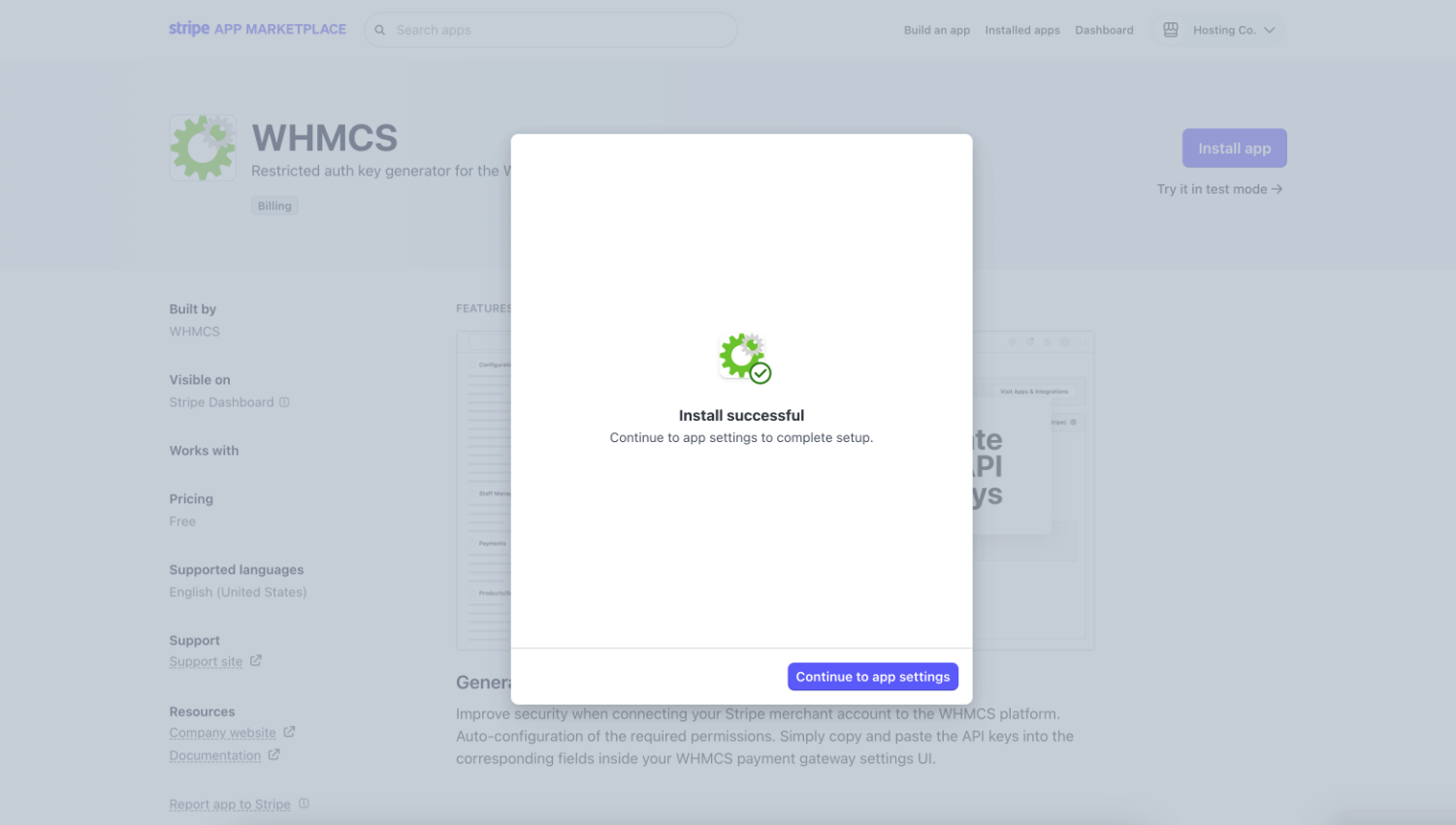 Successful installation of the WHMCS app in the Stripe App Marketplace.