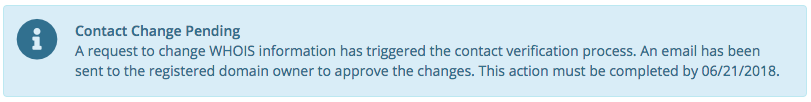 A Contact Change Pending message in WHMCS